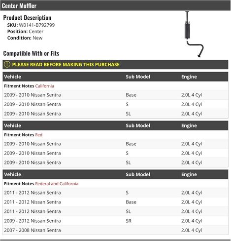 كاتم الصوت المركز-متوافق مع 2007-2012 نيسان سينترا 2.0L 4 أسطوانات in Saudi Arabia