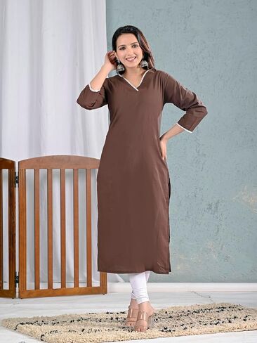 Meyali Cotton Kurtis للنساء | مستقيم جولة الرقبة كورتا | 3/4 الأكمام TUNIC TOP | كورتيس الهندي غير الرسمي للنساء in Kuwait