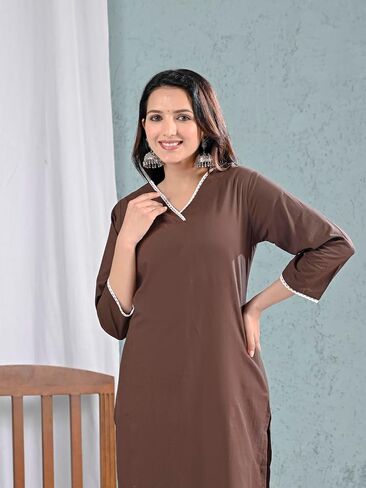 Meyali Cotton Kurtis للنساء | مستقيم جولة الرقبة كورتا | 3/4 الأكمام TUNIC TOP | كورتيس الهندي غير الرسمي للنساء in Kuwait