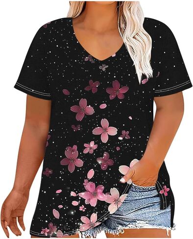 Plus Size Tops for Women Casual Summer Vintage Oversized Short Sleeve Floral Print Shirts Tunic Trendy V-Neck Clothes in Saudi Arabia