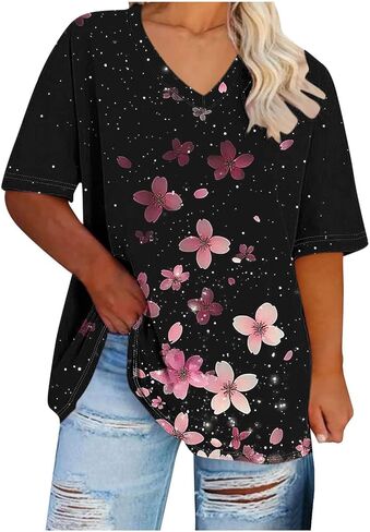 Plus Size Tops for Women Casual Summer Vintage Oversized Short Sleeve Floral Print Shirts Tunic Trendy V-Neck Clothes in Saudi Arabia
