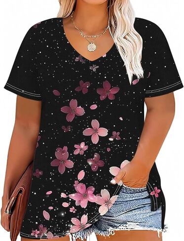 Plus Size Tops for Women Casual Summer Vintage Oversized Short Sleeve Floral Print Shirts Tunic Trendy V-Neck Clothes in Saudi Arabia