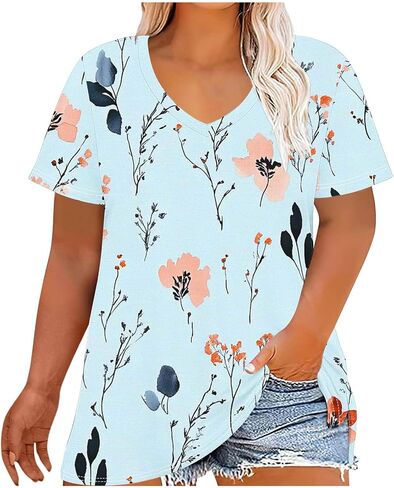 Plus Size Tops for Women Casual Summer Vintage Oversized Short Sleeve Floral Print Shirts Tunic Trendy V-Neck Clothes in Saudi Arabia