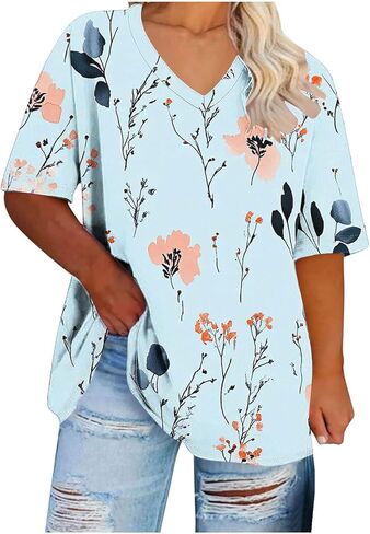 Plus Size Tops for Women Casual Summer Vintage Oversized Short Sleeve Floral Print Shirts Tunic Trendy V-Neck Clothes in Saudi Arabia