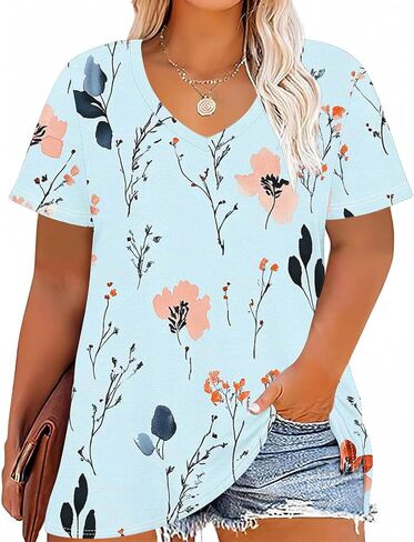 Plus Size Tops for Women Casual Summer Vintage Oversized Short Sleeve Floral Print Shirts Tunic Trendy V-Neck Clothes in Saudi Arabia