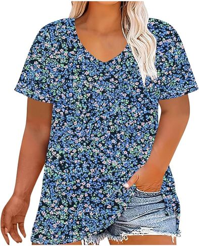 Plus Size Tops for Women Casual Summer Vintage Oversized Short Sleeve Floral Print Shirts Tunic Trendy V-Neck Clothes in Saudi Arabia
