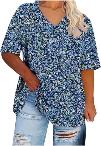 Plus Size Tops for Women Casual Summer Vintage Oversized Short Sleeve Floral Print Shirts Tunic Trendy V-Neck Clothes in Saudi Arabia