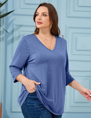 ZDC Womens Plus Size Tops 3/4 Sleeve V Neck T Shirts Casual Loose Fit Tee Tunic Blouse in Saudi Arabia