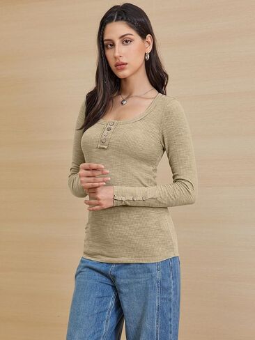 ATHMILE Women's Long Sleeve Shirts Casual Fall Henley Top Button Down Blouses Basic Ribbed Knit T Shirts 2024 in Kuwait