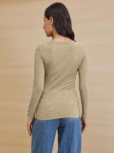 ATHMILE Women's Long Sleeve Shirts Casual Fall Henley Top Button Down Blouses Basic Ribbed Knit T Shirts 2024 in Kuwait