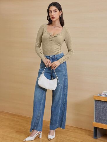 ATHMILE Women's Long Sleeve Shirts Casual Fall Henley Top Button Down Blouses Basic Ribbed Knit T Shirts 2024 in Kuwait