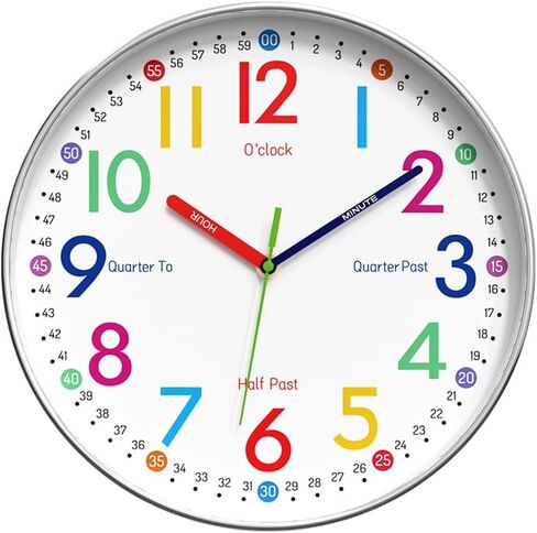 Learning Wall Clock for Kids Bedrooms, 12in Classroom Analog Clock for Kids Learning to Tell Time (Colourful) in Saudi Arabia