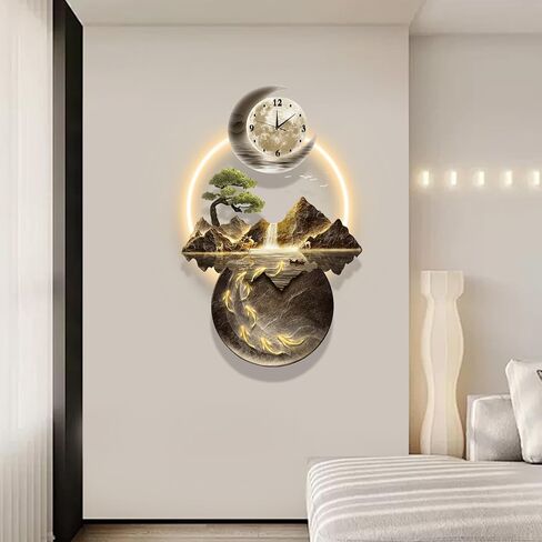 LED Light Art Wall Decor, 3D Art Wall Decor Clock, Decor Wall Sculptures with Lights, Modern Home Decor Landscape Wall Sculpture, Plug-in Power Supply, Gold C, 19x39IN in Saudi Arabia