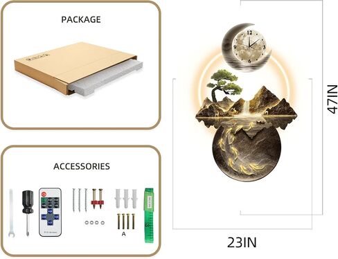 LED Light Art Wall Decor, 3D Art Wall Decor Clock, Decor Wall Sculptures with Lights, Modern Home Decor Landscape Wall Sculpture, Plug-in Power Supply, Gold C, 19x39IN in Saudi Arabia