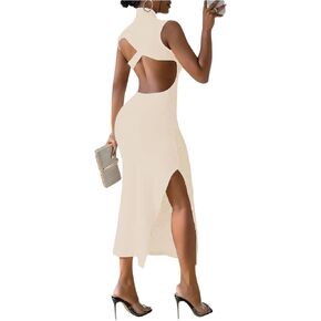 GORGLITTER Women's Open Back Bodycon Maxi Dress Cut Out Mock Neck Sleeveless Split Side Long Dresses in Saudi Arabia
