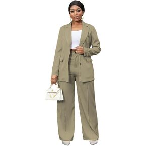 Vakkest Women 2 Piece Pant Suits Set Business Casual Outfits Long Sleeve Blazer High Waisted Wide Leg Work Pants in Saudi Arabia