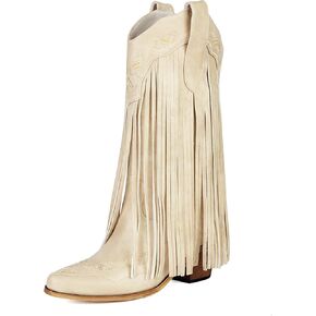 Embroidered Fringe Cowboy Boots for Women, Pull On Mid Calf Chunky Block Heel Pointed Toe Western Cowgirl Boots Riding Country Boot Retro Boots in Kuwait