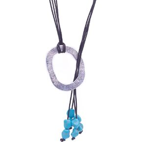 -Women’s Pendant with Leather and Natural Turquoise Stones – Large Tibetan Silver Ring with Antique Finish and Brown Leather – Long Women’s Necklace – Elegant Vintage Boho Style in Saudi Arabia