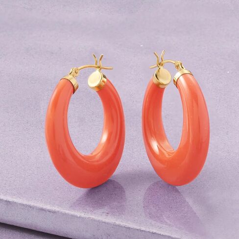 Ross-Simons Simulated Coral Hoop Earrings in 14kt Yellow Gold in Saudi Arabia