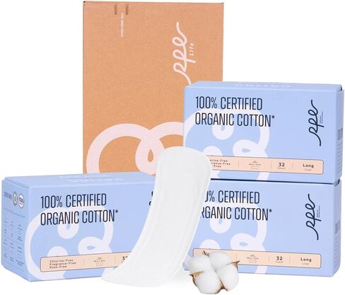 بطانات داخلية طويلة عضوية 100% للنساء، طويلة، غطاء قطني رفيع للغاية، بطانات داخلية طويلة، امتصاص خفيف، بطانات داخلية غير معطرة، مغلفة بشكل فردي (بطانة طويلة، مقاس 2، 192 قيراط) in Kuwait