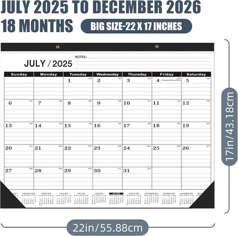 Desk Calendar 2025 large 22 x17, Large Desk Calendar 2025(Jan. 2025-Jun.2026),2025 Calendar,Classic Black Calendar 2025,Large Monthly Desktop Calendar 2025,Desk Calendar 2025-2026 with Plastic Cover in Kuwait