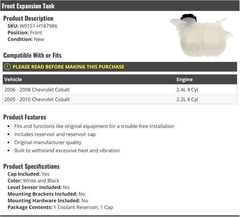 Front Front Engine Coolant Overflow Expansion Tank with Cap - Compatible with 2005-2010 Chevy Cobalt 2.2L 2.4L 4-Cylinder in Saudi Arabia