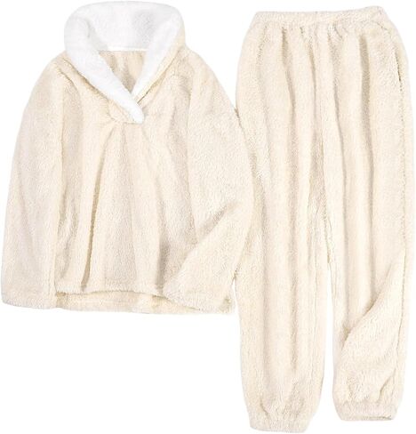 Yusongirl طقم بيجامات نسائي من الصوف بيجامة شتوية بيجامة شتوية دافئة ملابس نوم Pjs منفوش طقم Pj ملابس نوم بأكمام طويلة in Kuwait