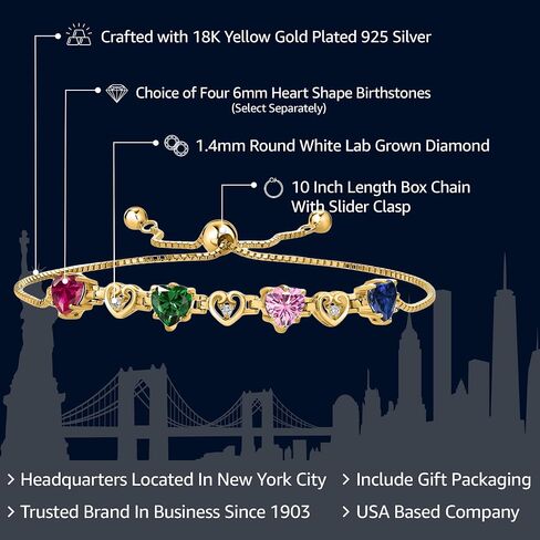 Gem Stone King 18K Yellow Gold Plated Silver Multi-Color Multi and White Lab Grown Diamond Bracelet For Women (3.24Cttw, Gemstone, Heart Shape 6X6MM, Fully Adjustable Up to 9 Inches) in Saudi Arabia