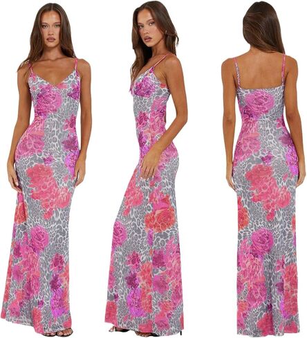 Women Spaghetti Strap Satin Dresses Backless Hollow Casual Boho V Neck Dress Flowy Dress in Kuwait
