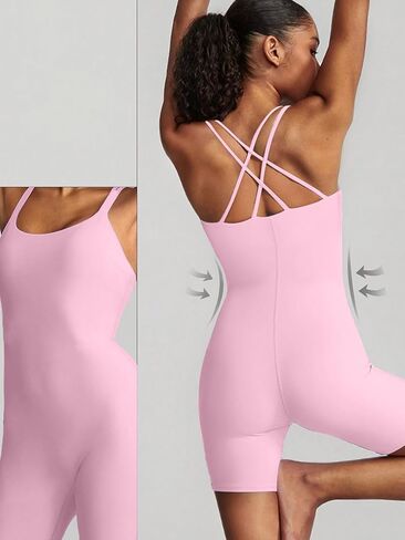 Unthewe Women's Criss Cross Back Workout Romper Athletic One Piece Bodysuit Yoga Shorts Jumpsuits Padded in Saudi Arabia