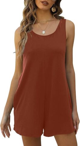 Womens Summer Casual Loose Tank Romper Sleeveless Crewneck Jumpsuit Shorts Romper with Pockets Outfits 2025 in Saudi Arabia