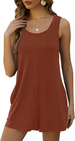 Womens Summer Casual Loose Tank Romper Sleeveless Crewneck Jumpsuit Shorts Romper with Pockets Outfits 2025 in Saudi Arabia