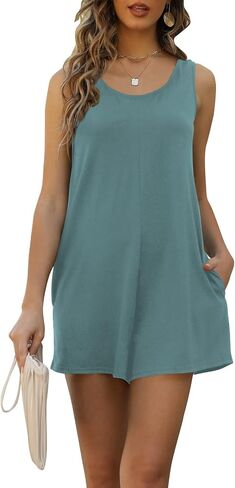 Womens Summer Casual Loose Tank Romper Sleeveless Crewneck Jumpsuit Shorts Romper with Pockets Outfits 2025 in Saudi Arabia