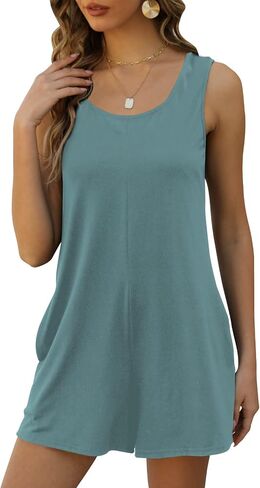 Womens Summer Casual Loose Tank Romper Sleeveless Crewneck Jumpsuit Shorts Romper with Pockets Outfits 2025 in Saudi Arabia