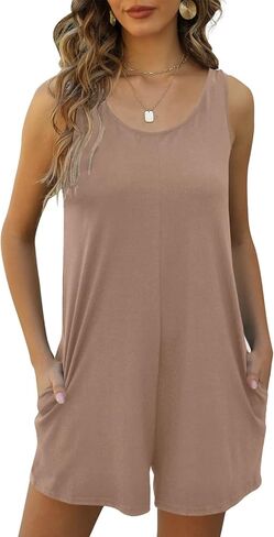 Womens Summer Casual Loose Tank Romper Sleeveless Crewneck Jumpsuit Shorts Romper with Pockets Outfits 2025 in Saudi Arabia