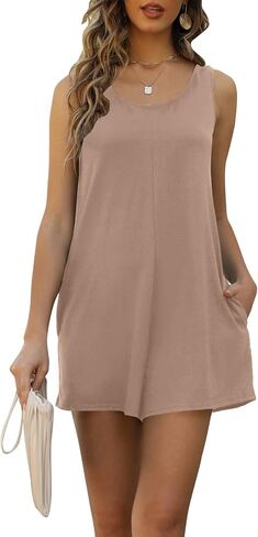 Womens Summer Casual Loose Tank Romper Sleeveless Crewneck Jumpsuit Shorts Romper with Pockets Outfits 2025 in Saudi Arabia