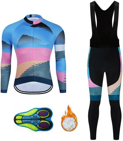Men Cycling Clothing Set Winter Long Sleeve Jacket Bike Jersey Kit Plus Velvet Riding Clothes + Cycling Pants with 20D Pad in Kuwait