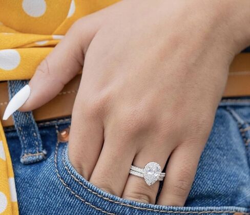 Two-in-One Wedding Rings set Pear Cut Cubic Zirconia White/Rose Gold Plated Promise Ring Teardrop Stacking Engagement Rings Wedding Bands for Women Size 5-10 in Saudi Arabia