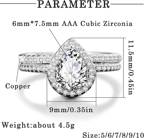 Two-in-One Wedding Rings set Pear Cut Cubic Zirconia White/Rose Gold Plated Promise Ring Teardrop Stacking Engagement Rings Wedding Bands for Women Size 5-10 in Saudi Arabia