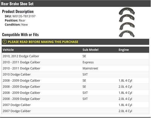 مجموعة أحذية الفرامل الخلفية من 4 - متوافقة مع 2007-2012 Dodge Caliber in Saudi Arabia