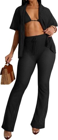 Women’s 2 Pieces Crochet Hollow Cover Up Set Button Up Top Drawstring Wide Leg Pants in Kuwait