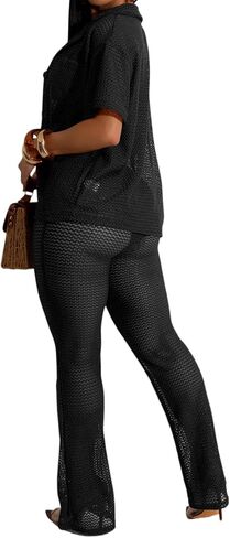 Women’s 2 Pieces Crochet Hollow Cover Up Set Button Up Top Drawstring Wide Leg Pants in Kuwait