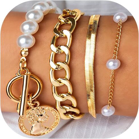 4Pcs Gold Tennis Link Bracelets Set for Women,14K Gold Plated Pearl Bracelets for Women,Dainty Layered CZ Paperclip Snake Cuban Link Chain Bracelets for Women in Kuwait