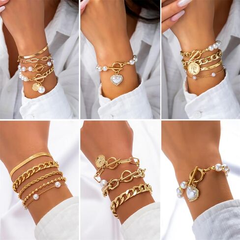 4Pcs Gold Tennis Link Bracelets Set for Women,14K Gold Plated Pearl Bracelets for Women,Dainty Layered CZ Paperclip Snake Cuban Link Chain Bracelets for Women in Kuwait