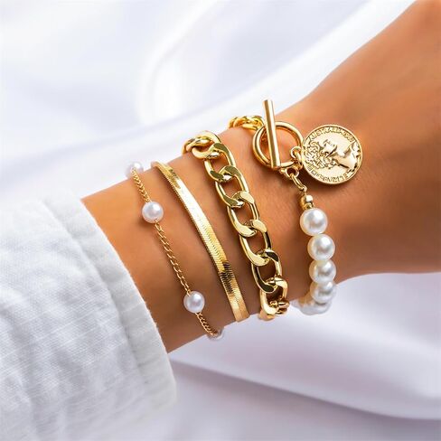 4Pcs Gold Tennis Link Bracelets Set for Women,14K Gold Plated Pearl Bracelets for Women,Dainty Layered CZ Paperclip Snake Cuban Link Chain Bracelets for Women in Kuwait