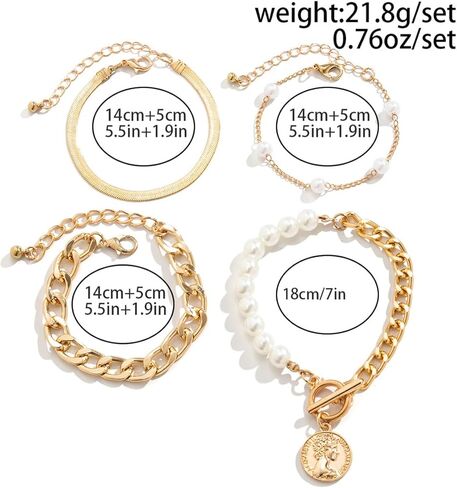 4Pcs Gold Tennis Link Bracelets Set for Women,14K Gold Plated Pearl Bracelets for Women,Dainty Layered CZ Paperclip Snake Cuban Link Chain Bracelets for Women in Kuwait