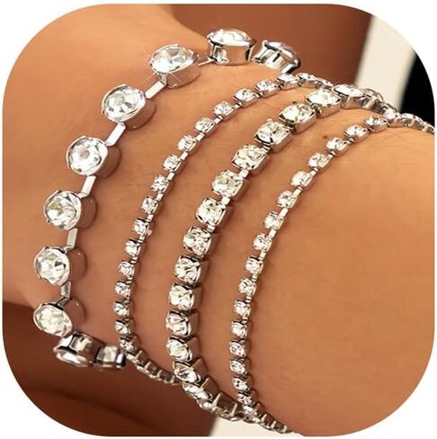 4Pcs Gold Tennis Link Bracelets Set for Women,14K Gold Plated Pearl Bracelets for Women,Dainty Layered CZ Paperclip Snake Cuban Link Chain Bracelets for Women in Kuwait