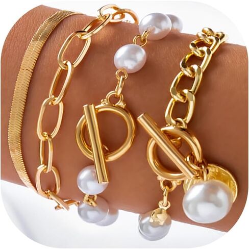 4Pcs Gold Tennis Link Bracelets Set for Women,14K Gold Plated Pearl Bracelets for Women,Dainty Layered CZ Paperclip Snake Cuban Link Chain Bracelets for Women in Kuwait