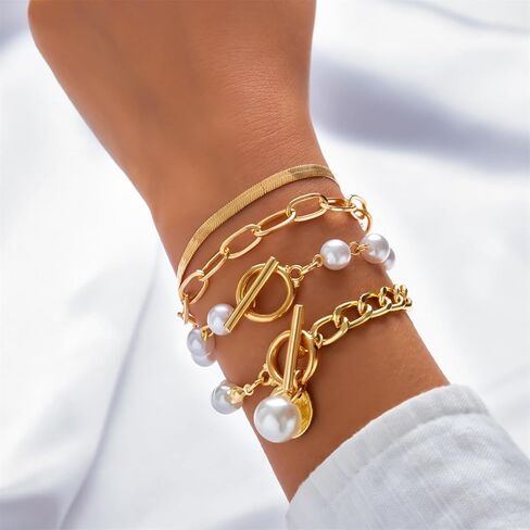 4Pcs Gold Tennis Link Bracelets Set for Women,14K Gold Plated Pearl Bracelets for Women,Dainty Layered CZ Paperclip Snake Cuban Link Chain Bracelets for Women in Kuwait