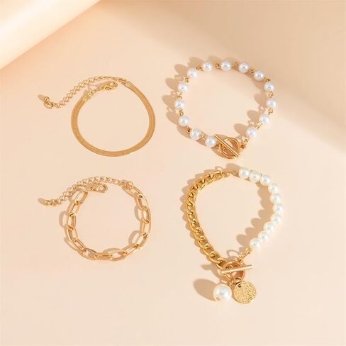 4Pcs Gold Tennis Link Bracelets Set for Women,14K Gold Plated Pearl Bracelets for Women,Dainty Layered CZ Paperclip Snake Cuban Link Chain Bracelets for Women in Kuwait